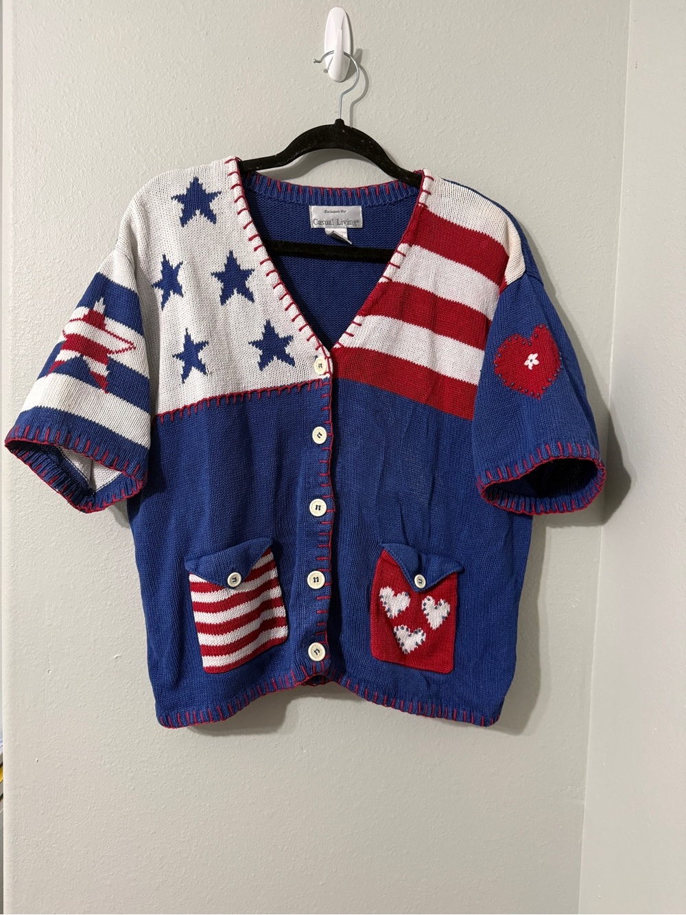 Vintage Casual Living Patriotic Red White Blue Cardigan Sweater Cotton Blend XL